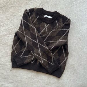 Zara Brown Argyle Crewneck Sweater